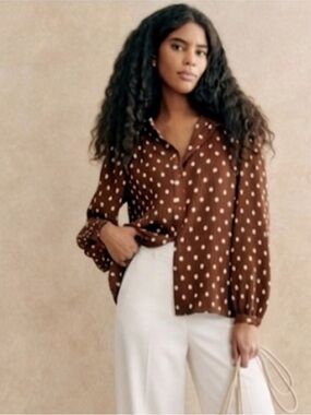 Sezane Nikki Pleated Shirt in Brown and Ecru Polka Dots Size 36 US 4